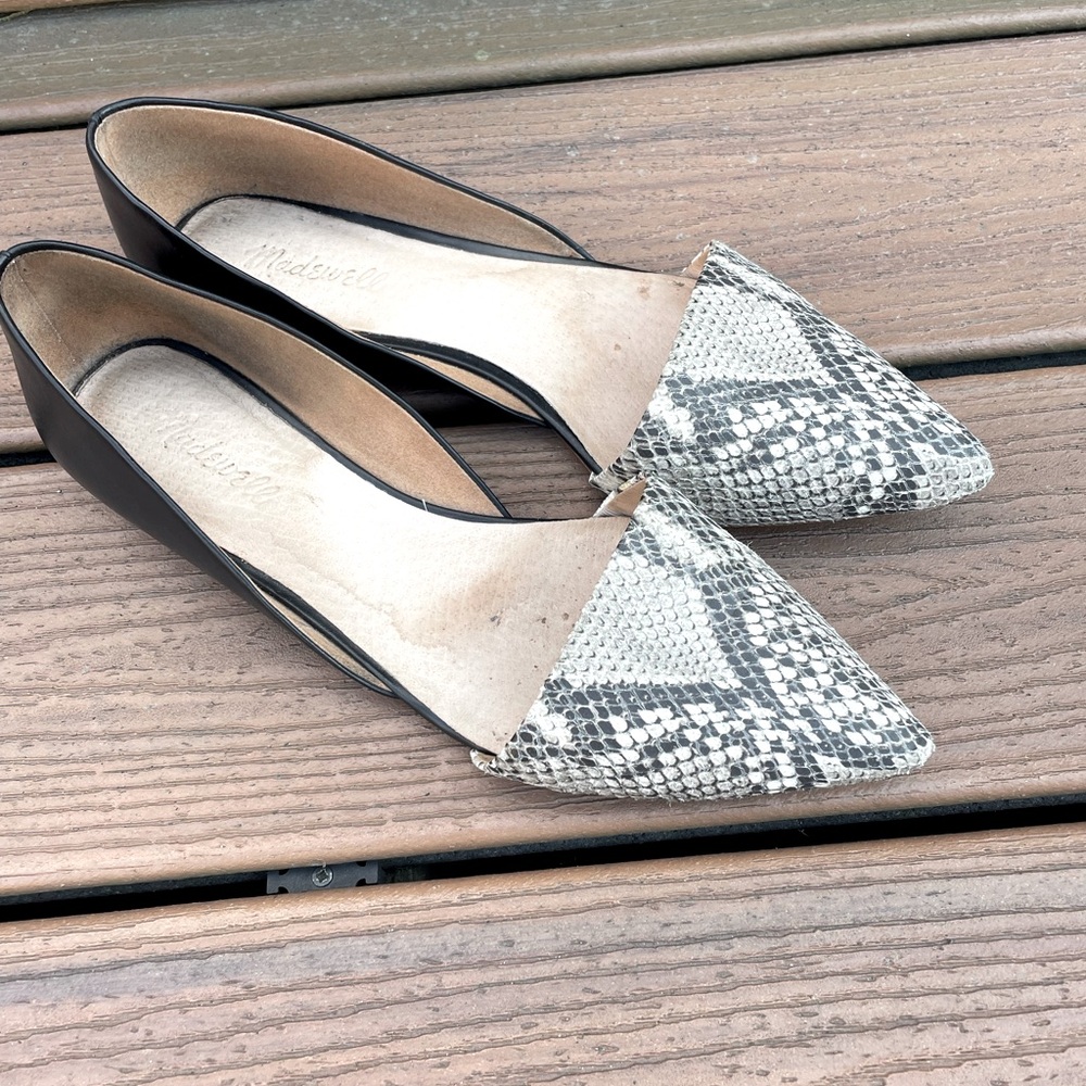 Madewell black/snakeskin flats, size 10